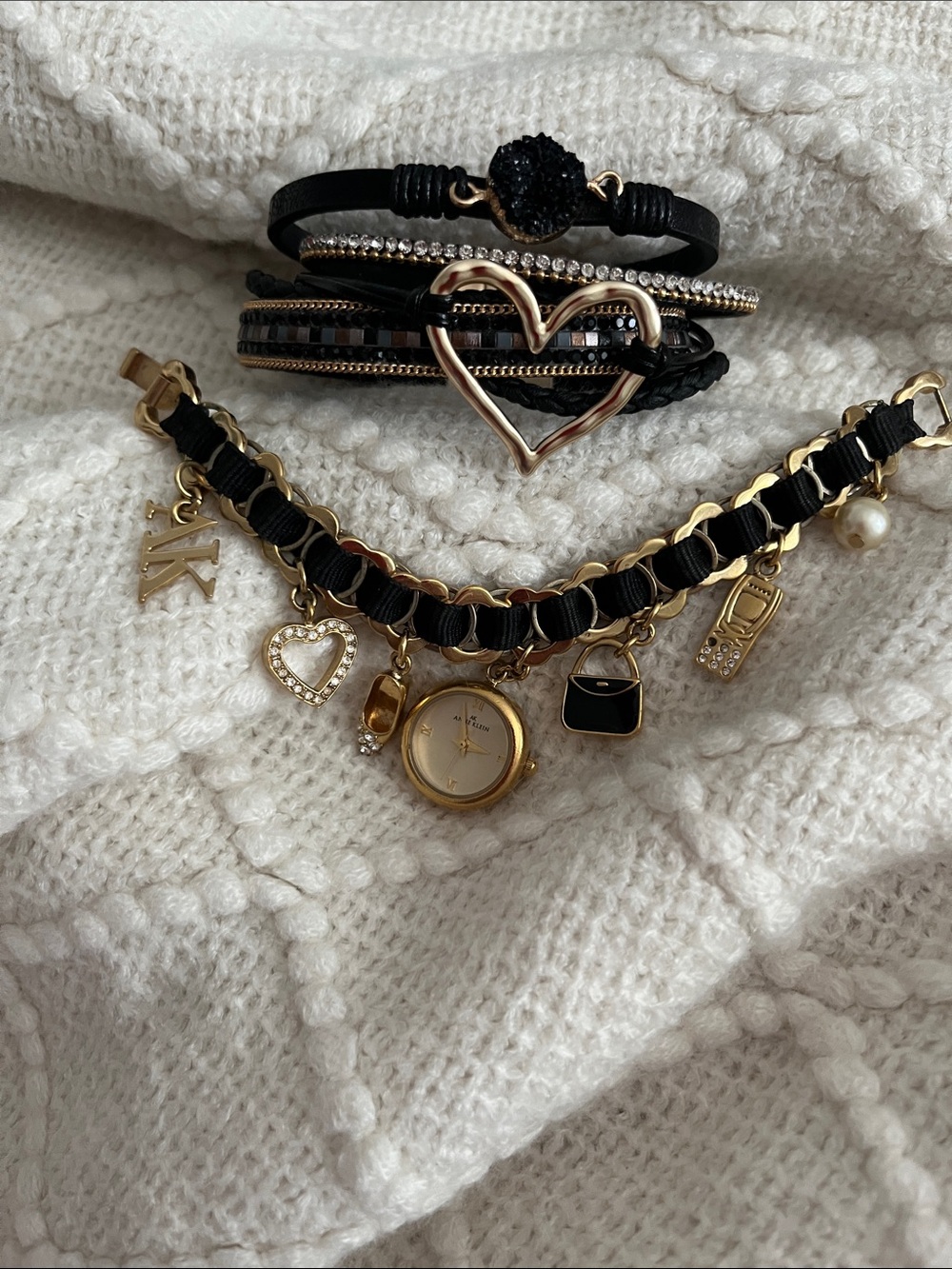 Gold and Black Multi-Strand Charm Bracelet Set with Heart. 7 charm bracelet